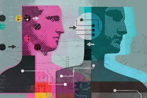 Collage of humans and data connected by arrows and circuit boards.