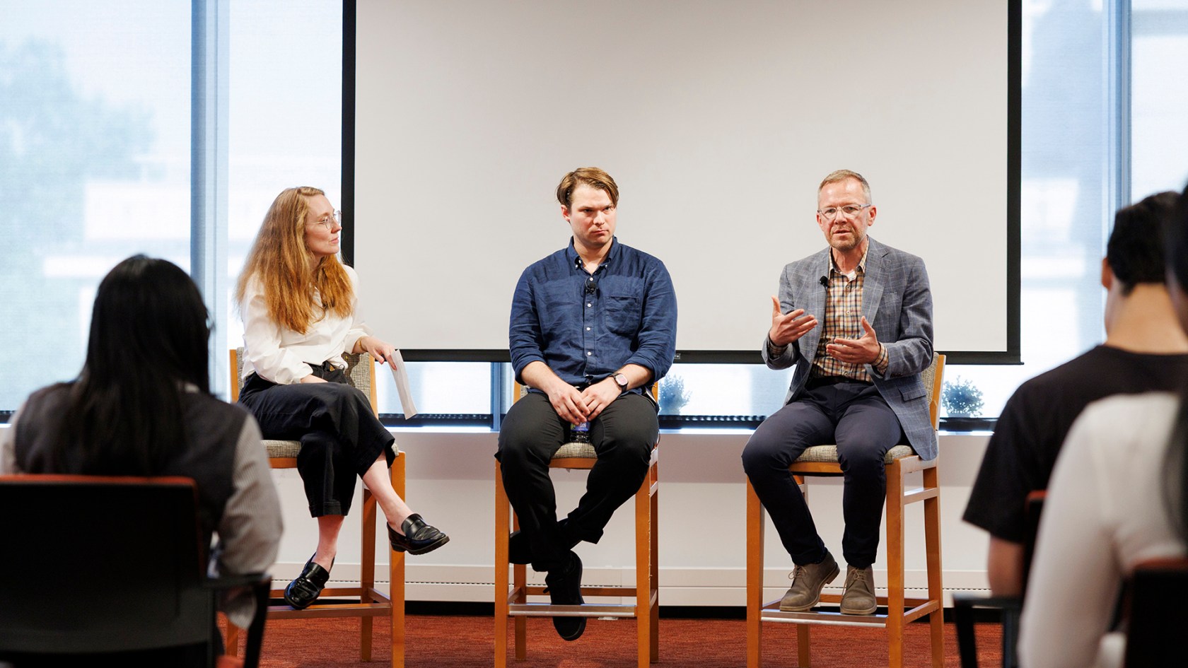 Moderator Moira Weigel and panelists Jackson Kernion and Ken Archer.