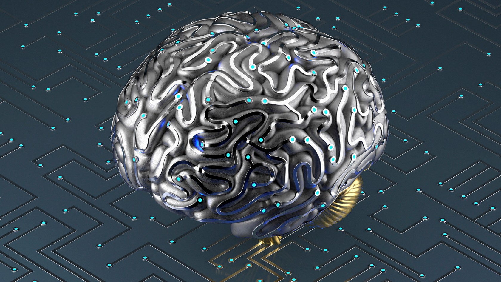 Artificial brain connected to circuit board.
