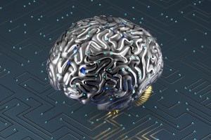Artificial brain connected to circuit board.