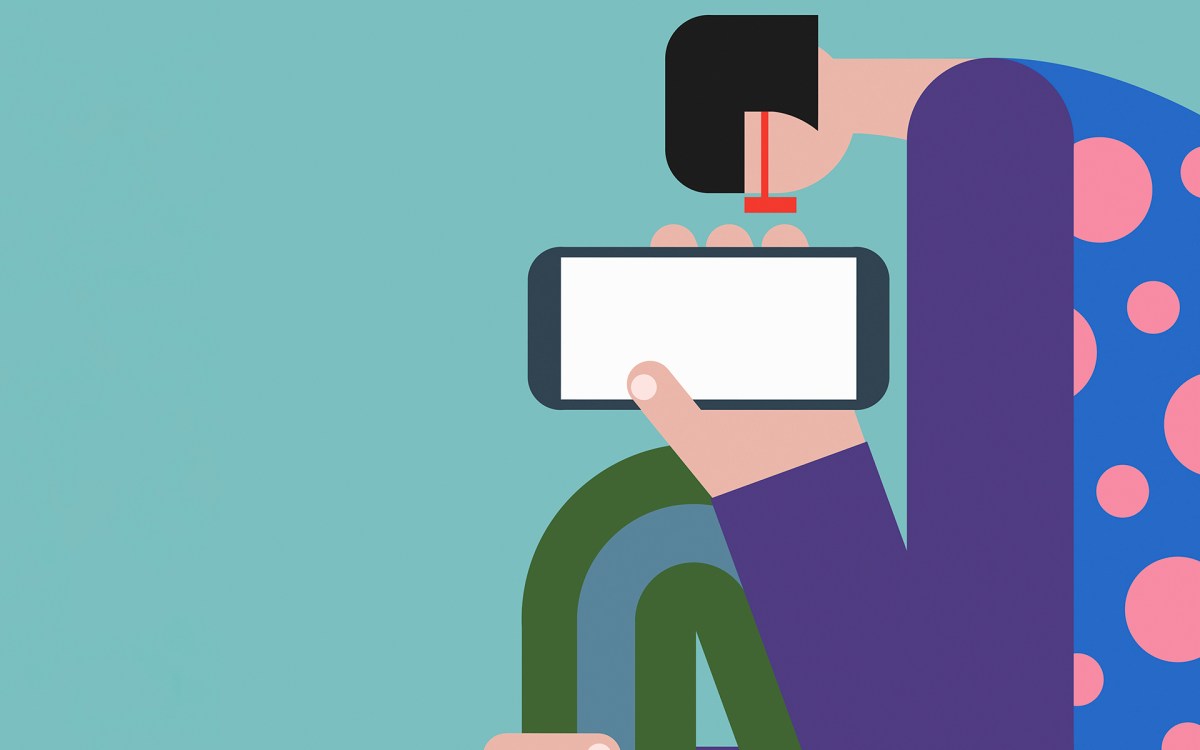 Illustration of a person bent over cellphone.