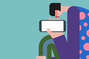 Illustration of a person bent over cellphone.