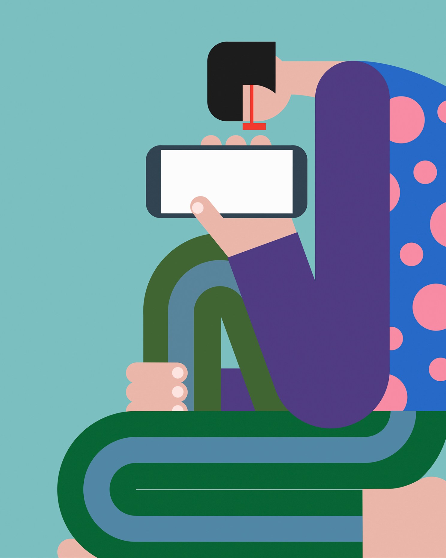 Illustration of a person bent over cellphone.