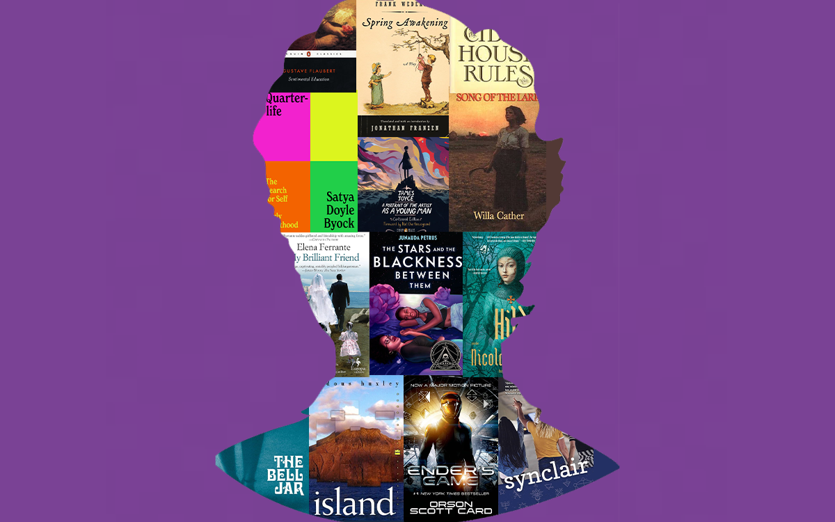collage of book titles in a silhouette