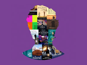 collage of book titles in a silhouette