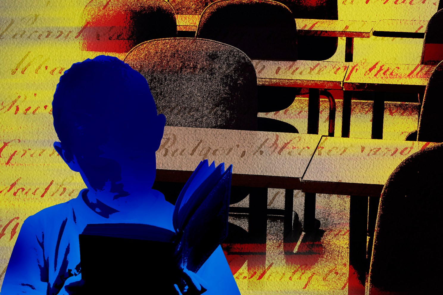 Illustration of cursive, classroom, and child reading.
Roy Scott/Ikon Images