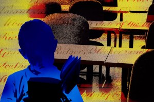Illustration of cursive, classroom, and child reading. Roy Scott/Ikon Images
