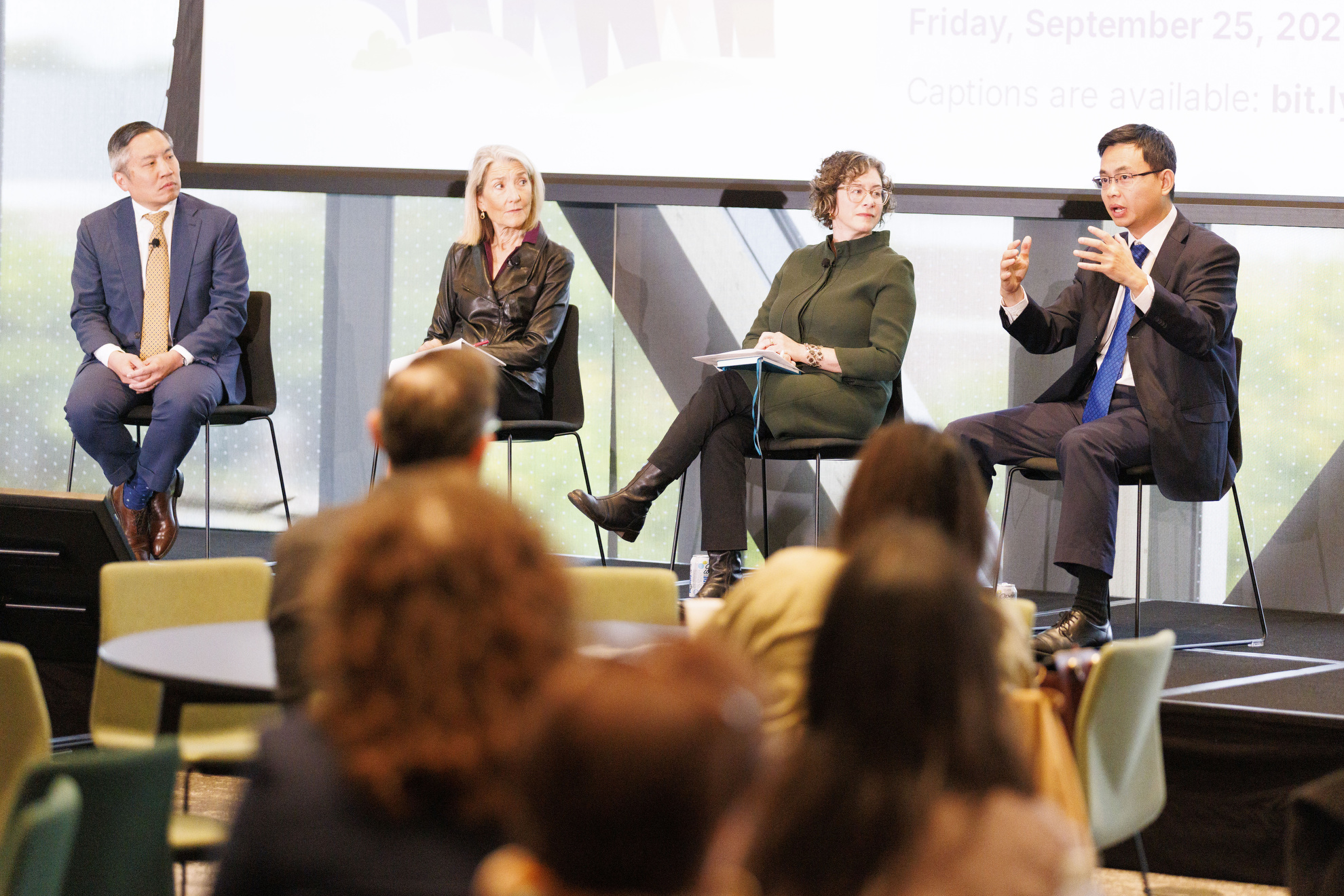 Panelists Bernard Chang, Amy Edmondson, Rachel Weber, and Le Xie.
