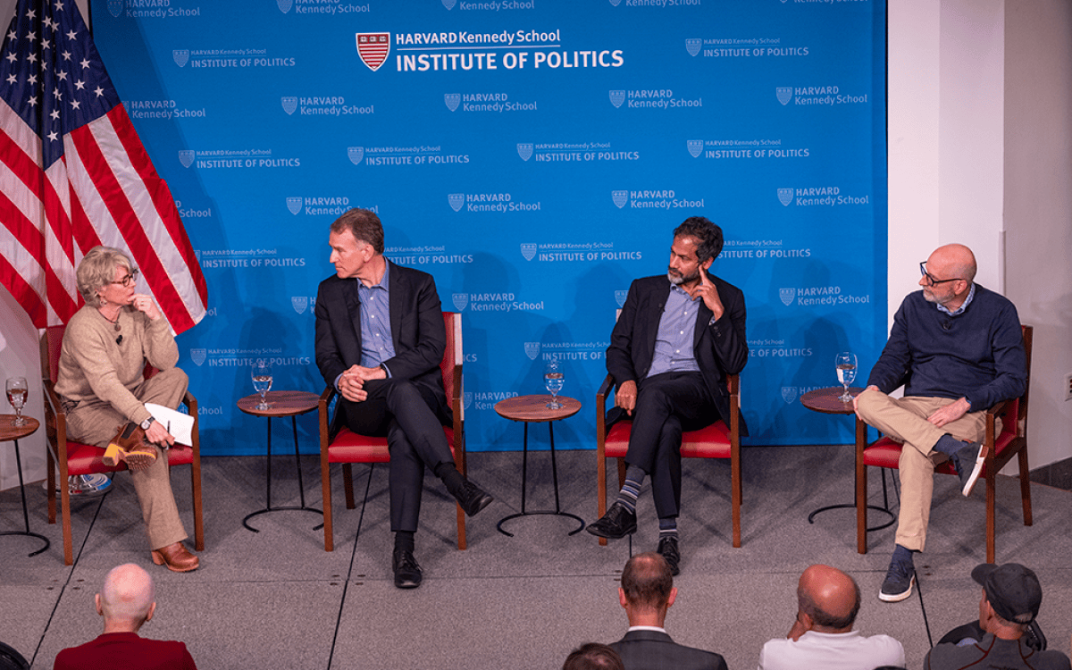 Jill Lepore (left), Steve Inskeep, Jameel Jaffer and David French sitting on a stage together