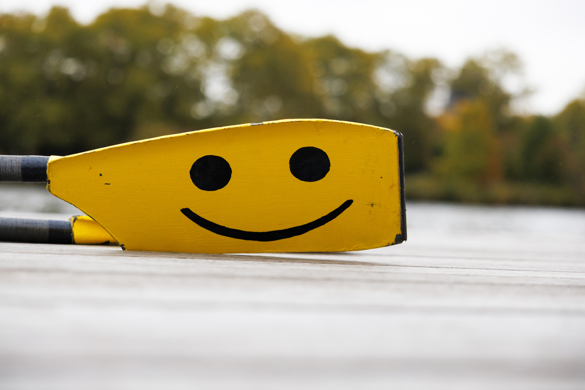 An up-close photo of a rowing blade designed with a smiley face on it.