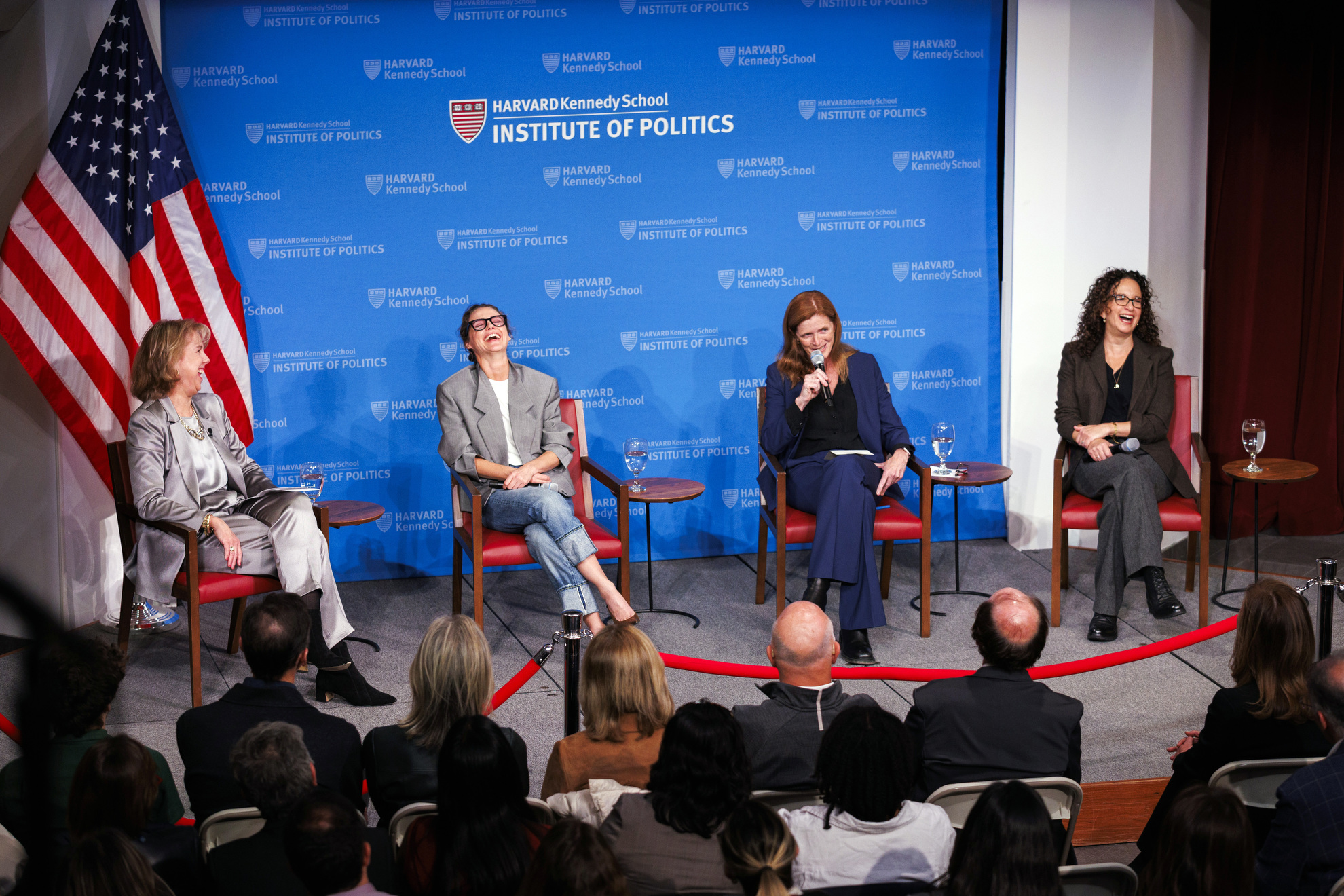 Nancy Gibbs (from left), Keri Russell, Samantha Power, and Debora Cahn on sitting on stage.