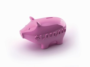 One million dollars number on side of pink piggy bank. Illustration by Dave Higginson/Ikon Images